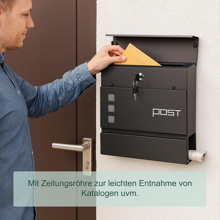 Relaxdays Briefkasten mit Zeitungsfach, HxBxT: 37 x 37 x 12 cm, Eisen, 4 Schlüssel, Postkasten mit A