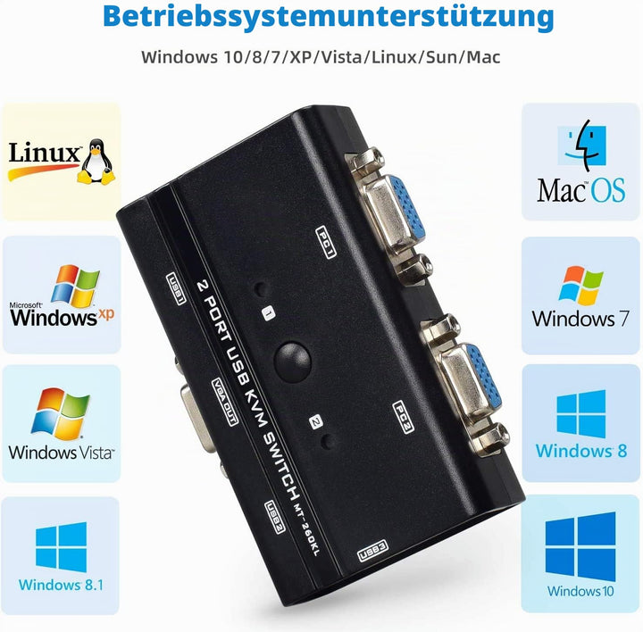 TCNEWCL 2 Port KVM Switch VGA mit 2-in-1 Kabel, VGA USB KVM Switcher 2 PCs 1 Monitor, mit 3 USB 2.0