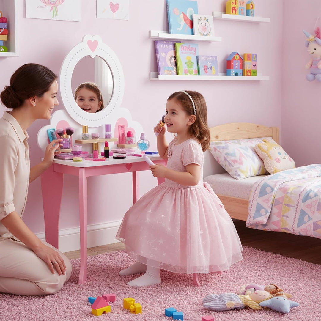 Clevich Schminktisch Kinder Set, 2 in 1 Kinderschminktisch mit Spiegel, Aufbewahrungsregale, Schreib