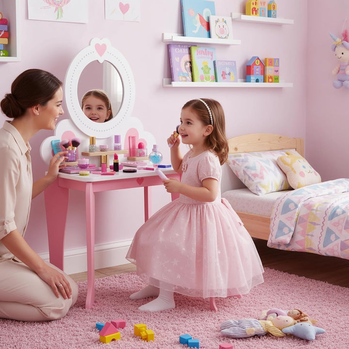 Clevich Schminktisch Kinder Set, 2 in 1 Kinderschminktisch mit Spiegel, Aufbewahrungsregale, Schreib