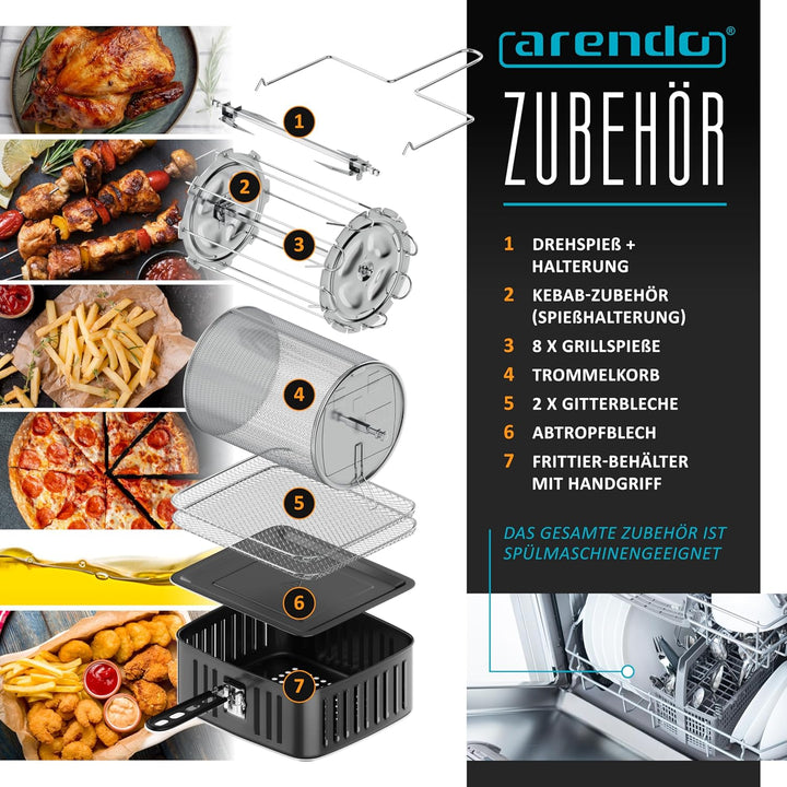 Arendo - Heissluftfritteuse XXL mit LED Touchscreen 12 Liter - Grill - Dörrautomat - Backofen - Air