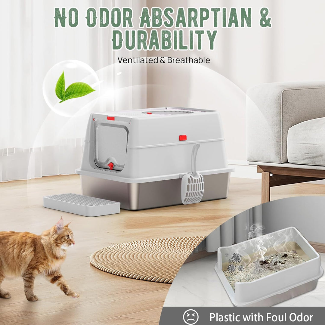 Edelstahl Katzenklo XXL aus V2A – 62 cm Geschlossene Katzentoilette mit 160° Klappdeckel, 3-in-1 Des