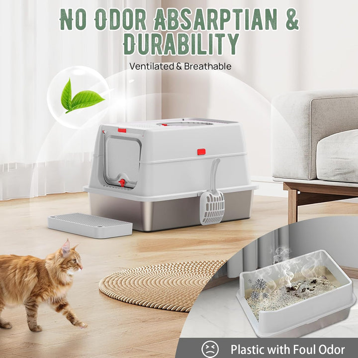 Edelstahl Katzenklo XXL aus V2A – 62 cm Geschlossene Katzentoilette mit 160° Klappdeckel, 3-in-1 Des