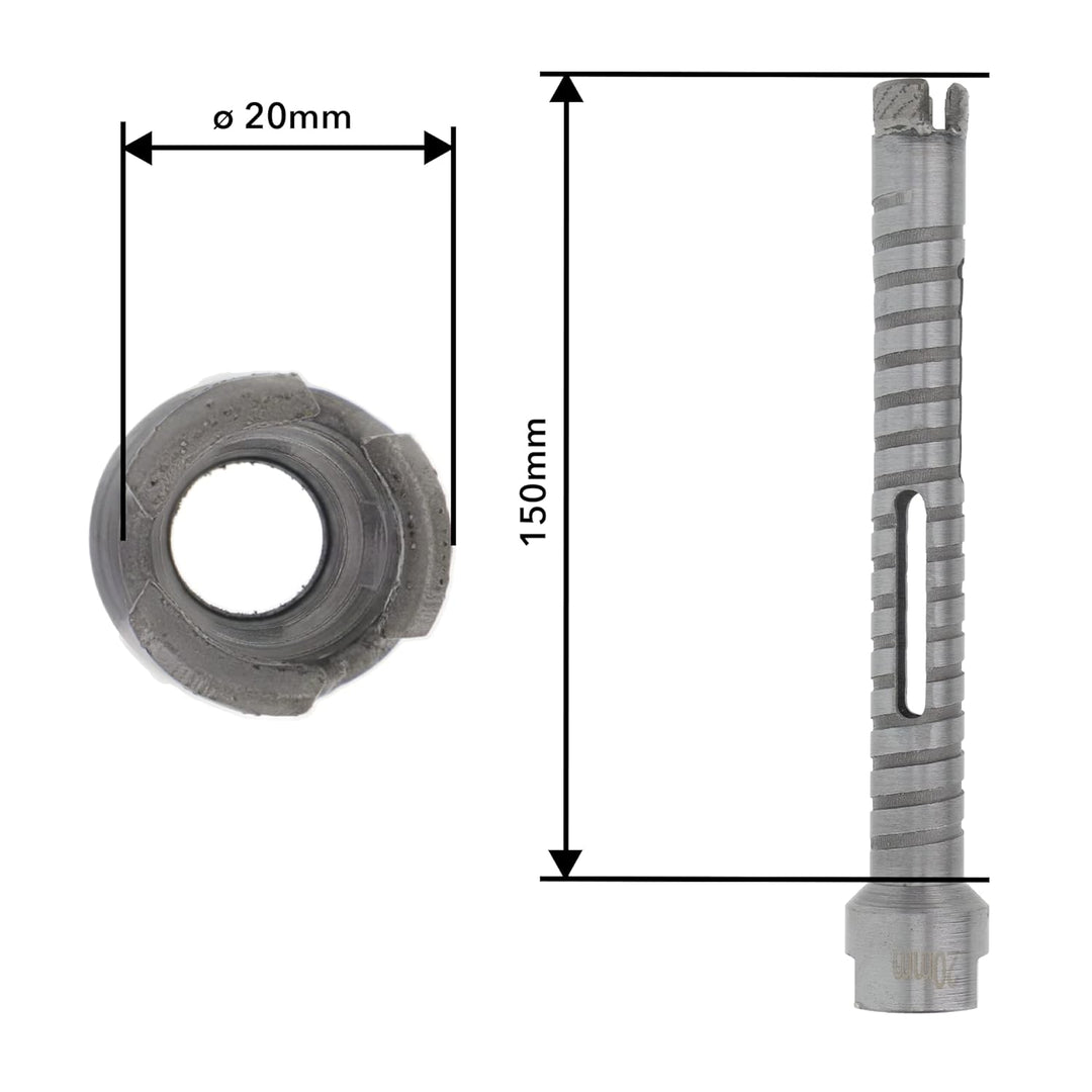 PRODIAMANT Diamant Bohrkrone ø 20mm Nutzlänge 150mm mit 6-Kant Adapter lasergeschweisst für trocken