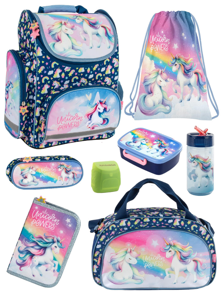 Familando Mädchen Schulranzen-Set Unicorn Einhorn Regenbogen, 8-teilig, ergonomischer Tornister mit