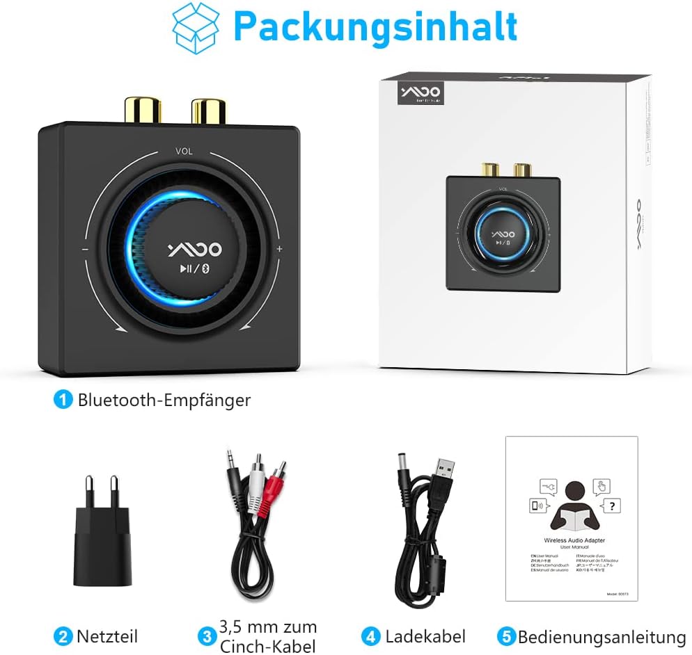 YMOO Bluetooth 5.3 Audio Empfänger für Stereoanlage, Bluetooth Adapter AUX HiFi, 50ft Reichweite, 3.