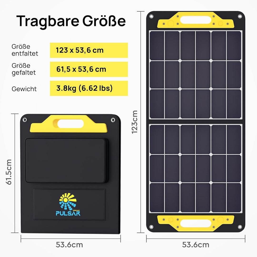 PULSAR Solar Panel 100W, Solarpanel Faltbar mit USB-A QC3.0 24W und USB-C PD bis 45W, Solarmodul für