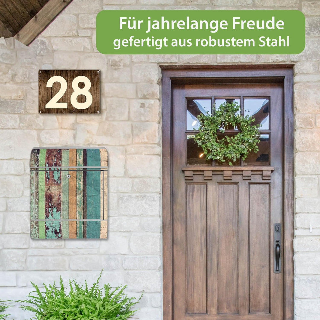 banjado® Design Briefkasten mit Motiv Bunte Bretterwand 39x47x14cm &amp; 2 Schlüssel - Briefkasten Stahl
