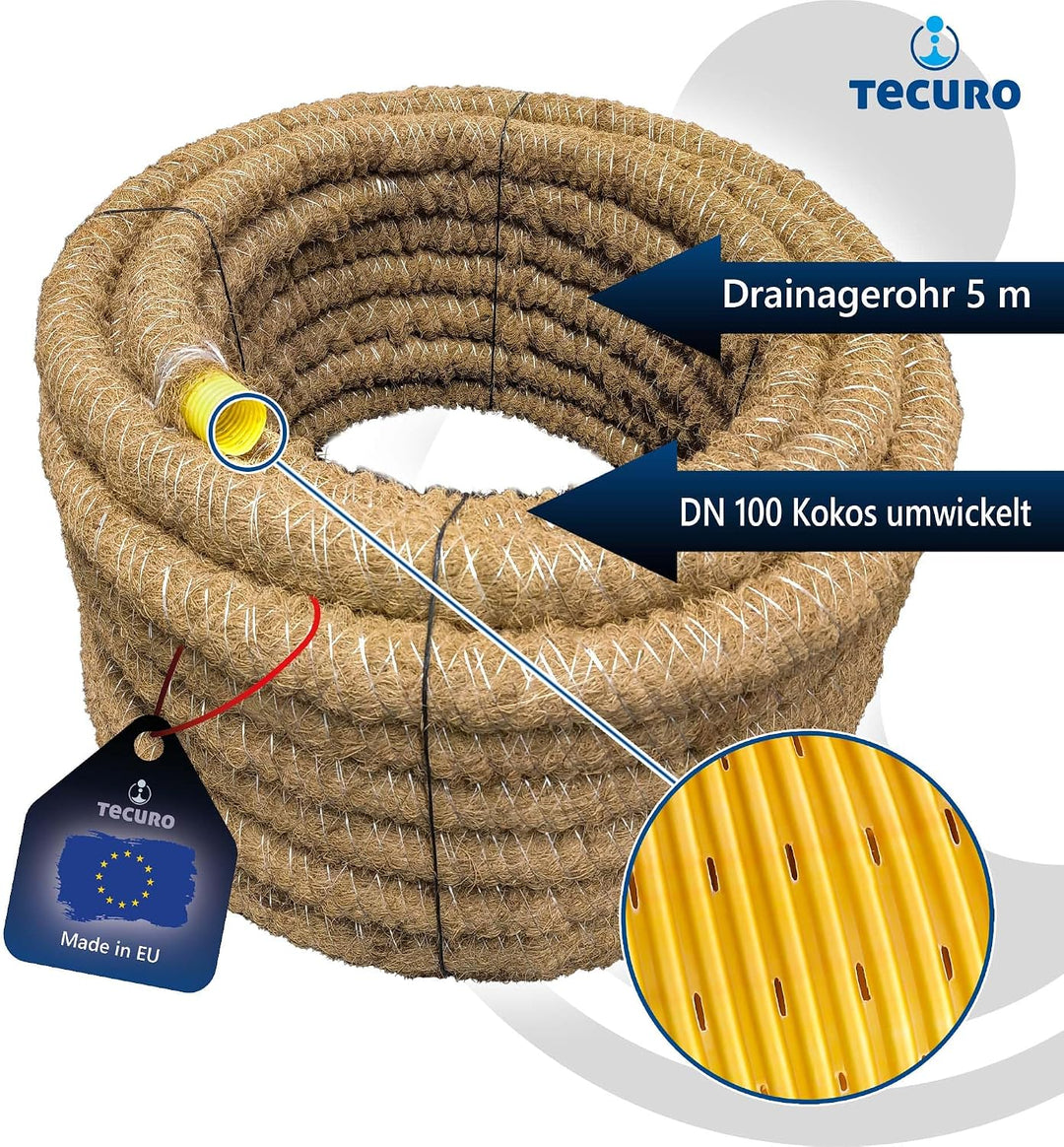 tecuro Drainagerohr 5 Meter - DN100, flexibel, gewellt und geschlitzt, mit Kokosumflechtung, PVC-U,