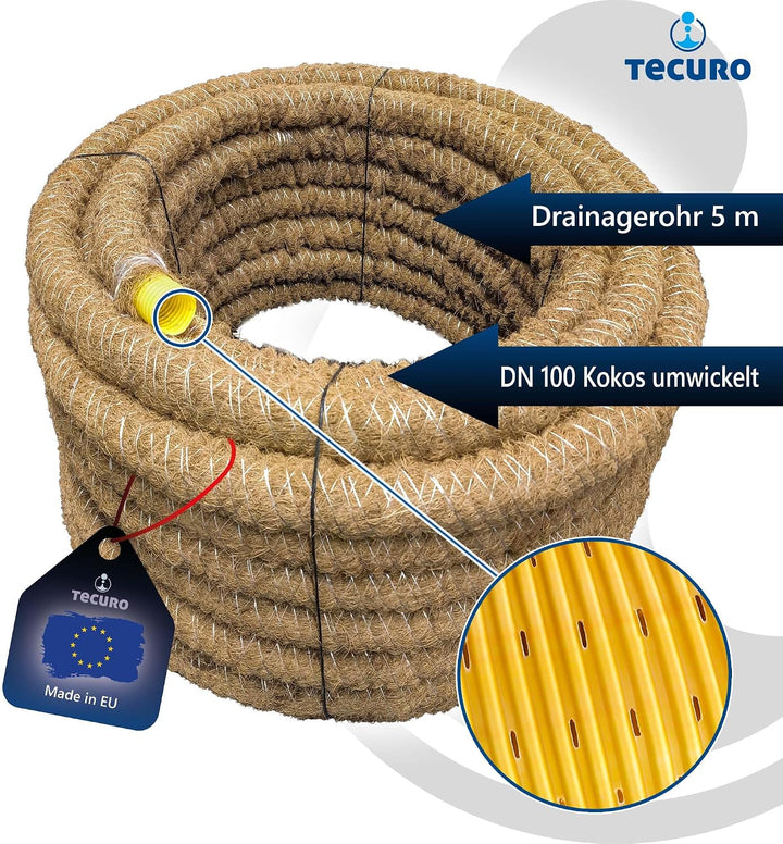 tecuro Drainagerohr 5 Meter - DN100, flexibel, gewellt und geschlitzt, mit Kokosumflechtung, PVC-U,