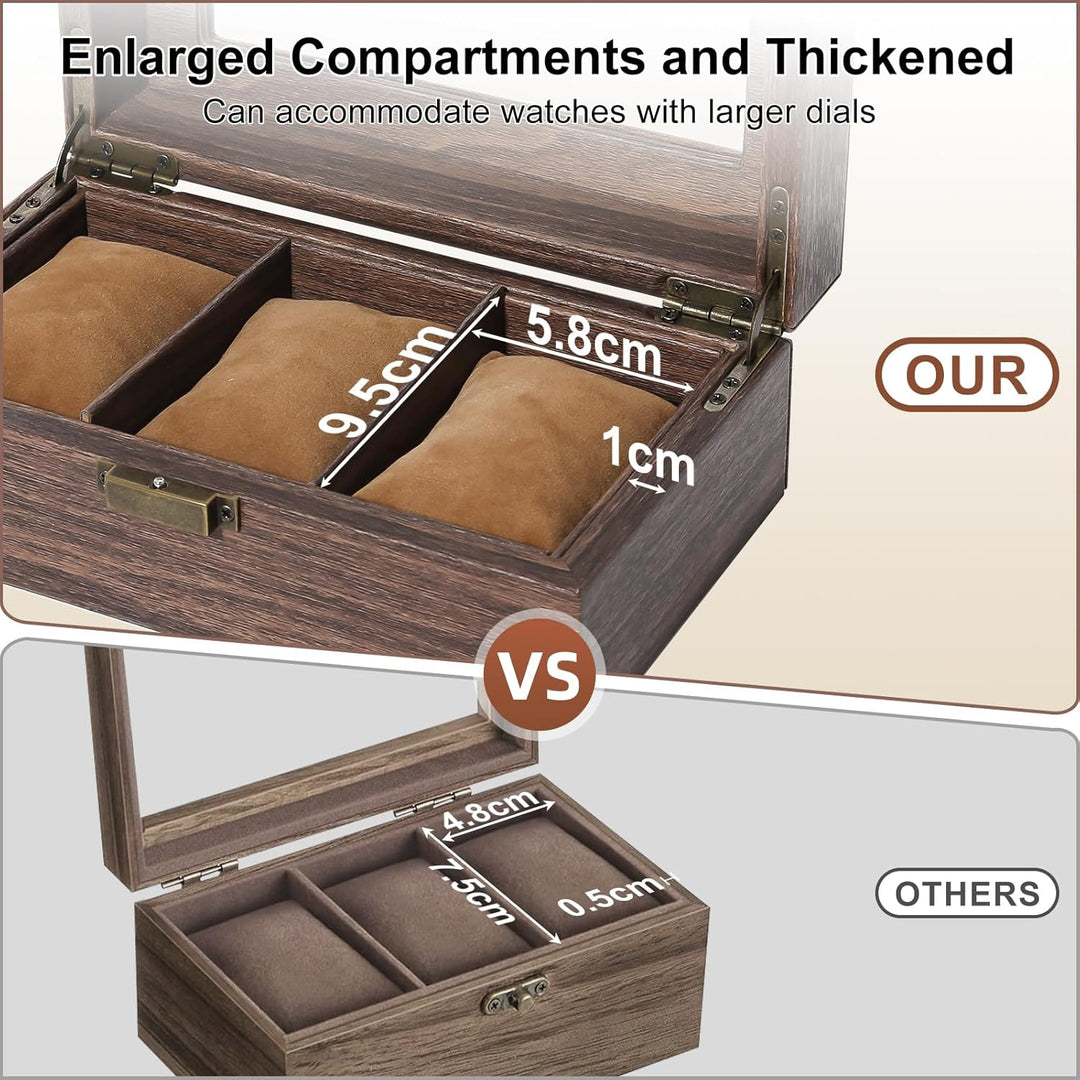Uten Uhrenbox mit 3 Fächern, Uhrenbox mit Glasabdeckung, Uhrendisplay Aufbewahrungsbox für Damen und