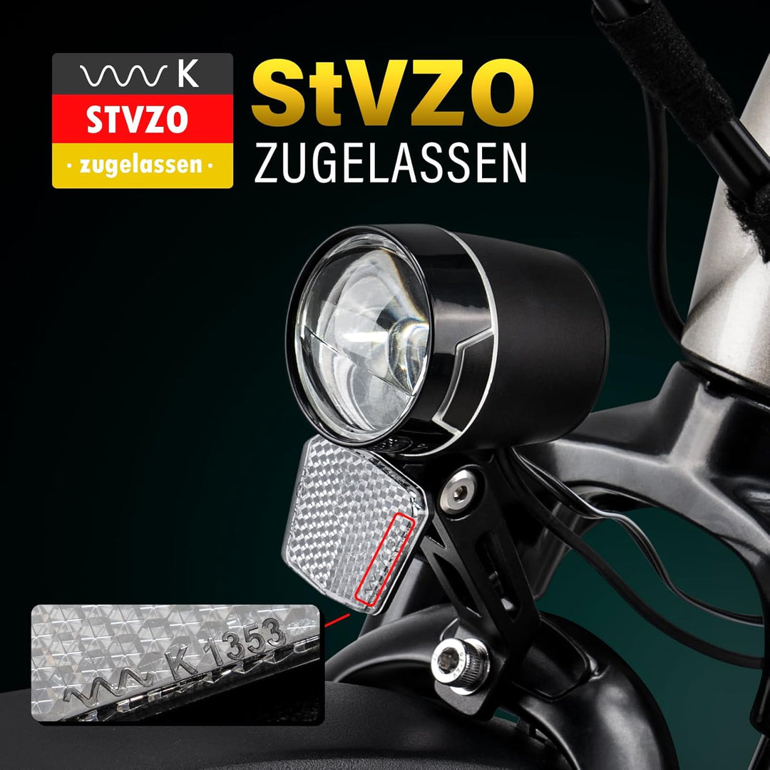 E-Bike Dynamo LED Fahrradlicht 30-100 LUX mit StVZO Zulassung - Fahrradlampe Frontlicht & Scheinwerf