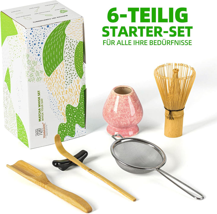 TEANAGOO Matcha Schneebesen Set,Matcha Schneebesen (100 Zinken) mit rosa Halter,6-PCS Traditionelles
