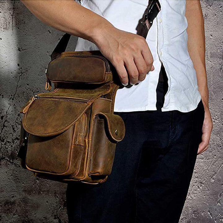 Le'aokuu Herren Echtes Leder Tasche Schultertasche Gürteltasche Beinbeutel Beintasche Hüfttasche Dro