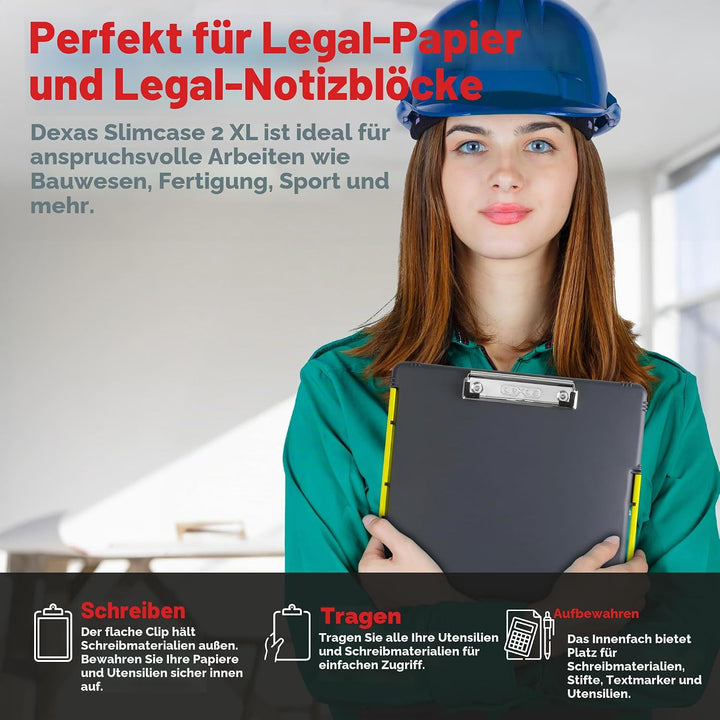 Dexas XL Slimcase 2 Klemmbrett zur Aufbewahrung, legale Grösse, Kunststoff, Grau mit gelbem Clip, 15