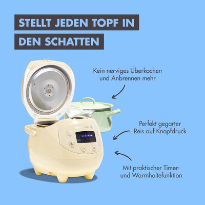 REISHUNGER Digitaler Reiskocher klein, hellgelb | 0,6 L bis 3 Personen | Warmhaltefunktion, Timer &