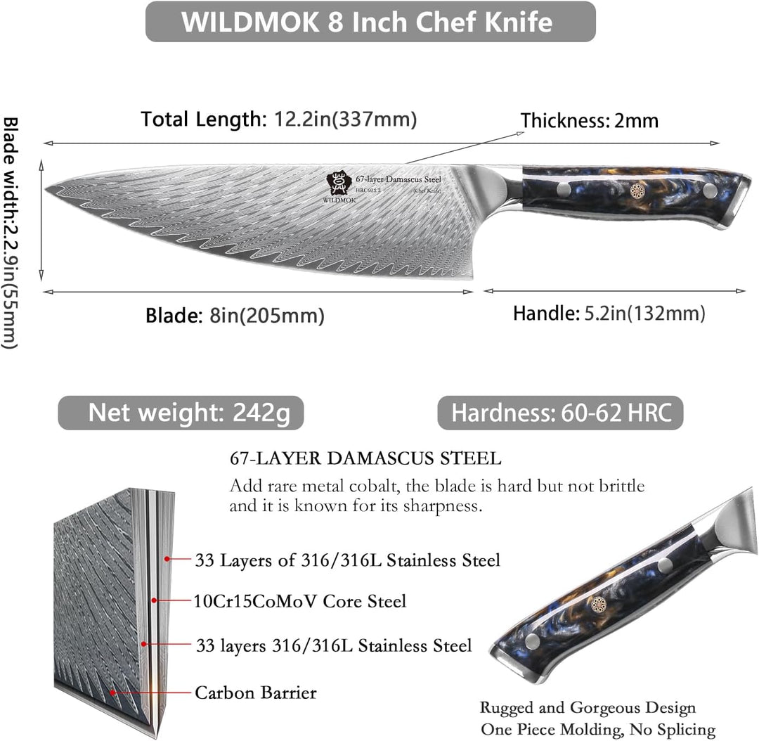 WILDMOK Kochmesser 8 Zoll Super Steel 67 Layer Damaskus Razor Sharp Gyuto Küchenmesser Schwarzer Har