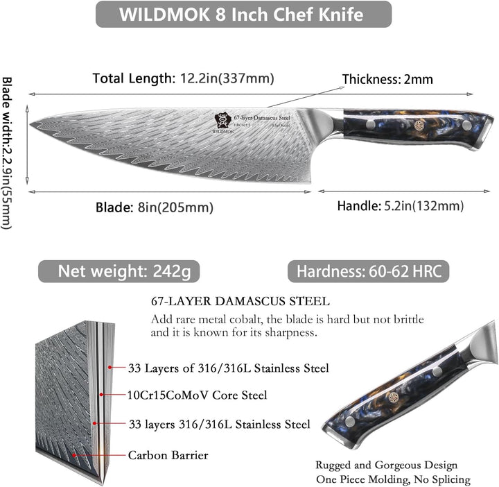 WILDMOK Kochmesser 8 Zoll Super Steel 67 Layer Damaskus Razor Sharp Gyuto Küchenmesser Schwarzer Har