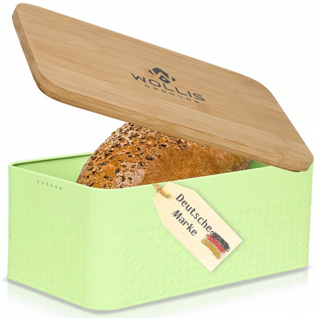 Brotkasten I Brotbox aus Metall mit Leinenbeutel I hochwertiger stabiler Bambusdeckel verwendbar als