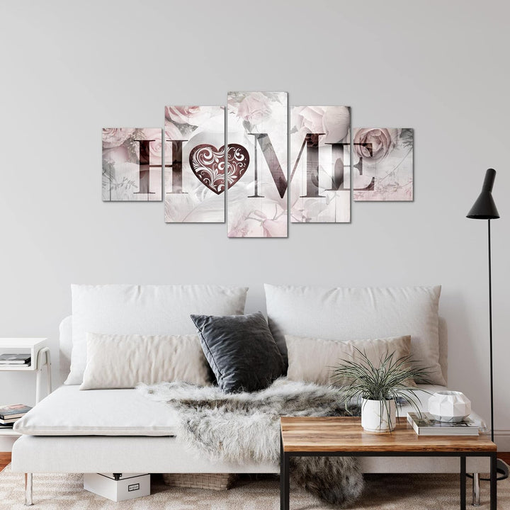 Runa Art Wandbilder Home Vintage 5 Teilig Bild auf Vlies Leinwand Deko Wohnzimmer Rosen Herz Grau 03