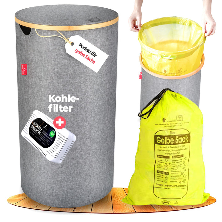 Levio® Gelber Sack Ständer mit Deckel – Müllsackhalter & Müllsackständer [80L mit Geruchsfilter] – M
