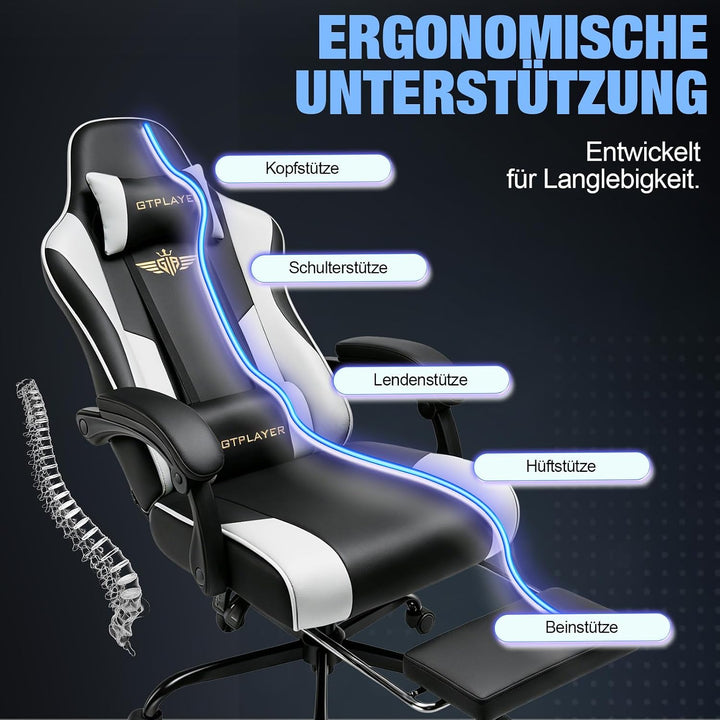 GTPLAYER Gaming Stuhl Chair Gamer Sessel - Ergonomischer Gamer Stuhl mit Fussstütze Kopfstütze und L