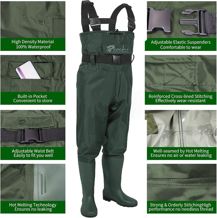 Croch Wathose für Herren Damen Anglerhose Wasserdicht PVC Nylon mit Gummi Watstiefel Grösse 38-47 Pe