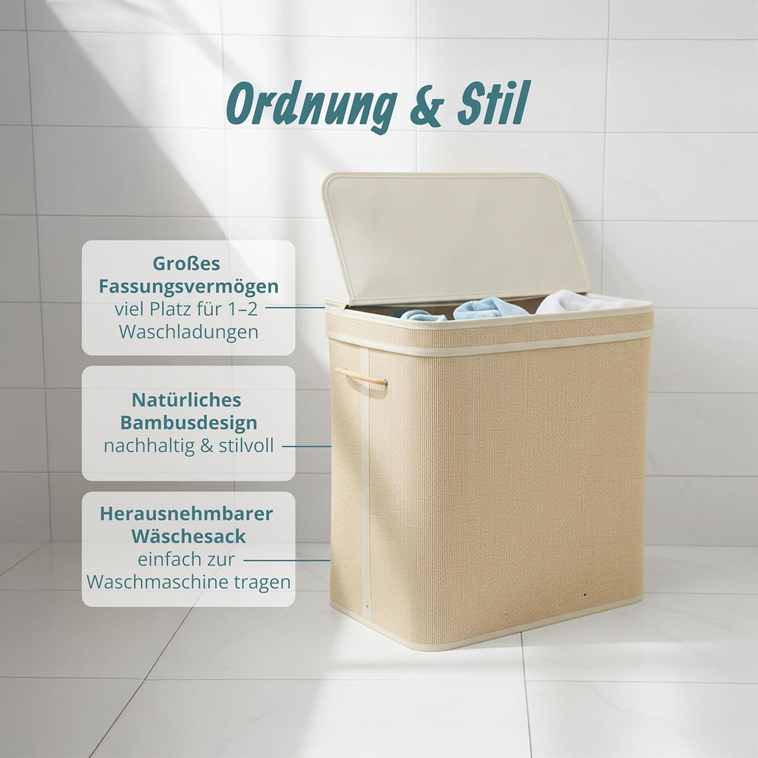 Relaxdays Wäschekorb mit Deckel, Bambus, 130 l, 2 Innenfächer, HxBxT: 61 x 58 x 39 cm, Badezimmer Wä