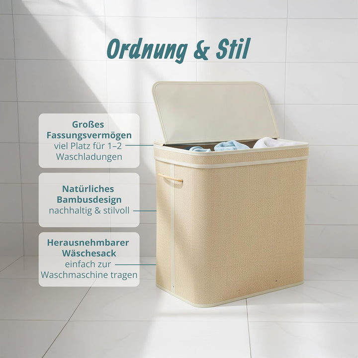 Relaxdays Wäschekorb mit Deckel, Bambus, 130 l, 2 Innenfächer, HxBxT: 61 x 58 x 39 cm, Badezimmer Wä