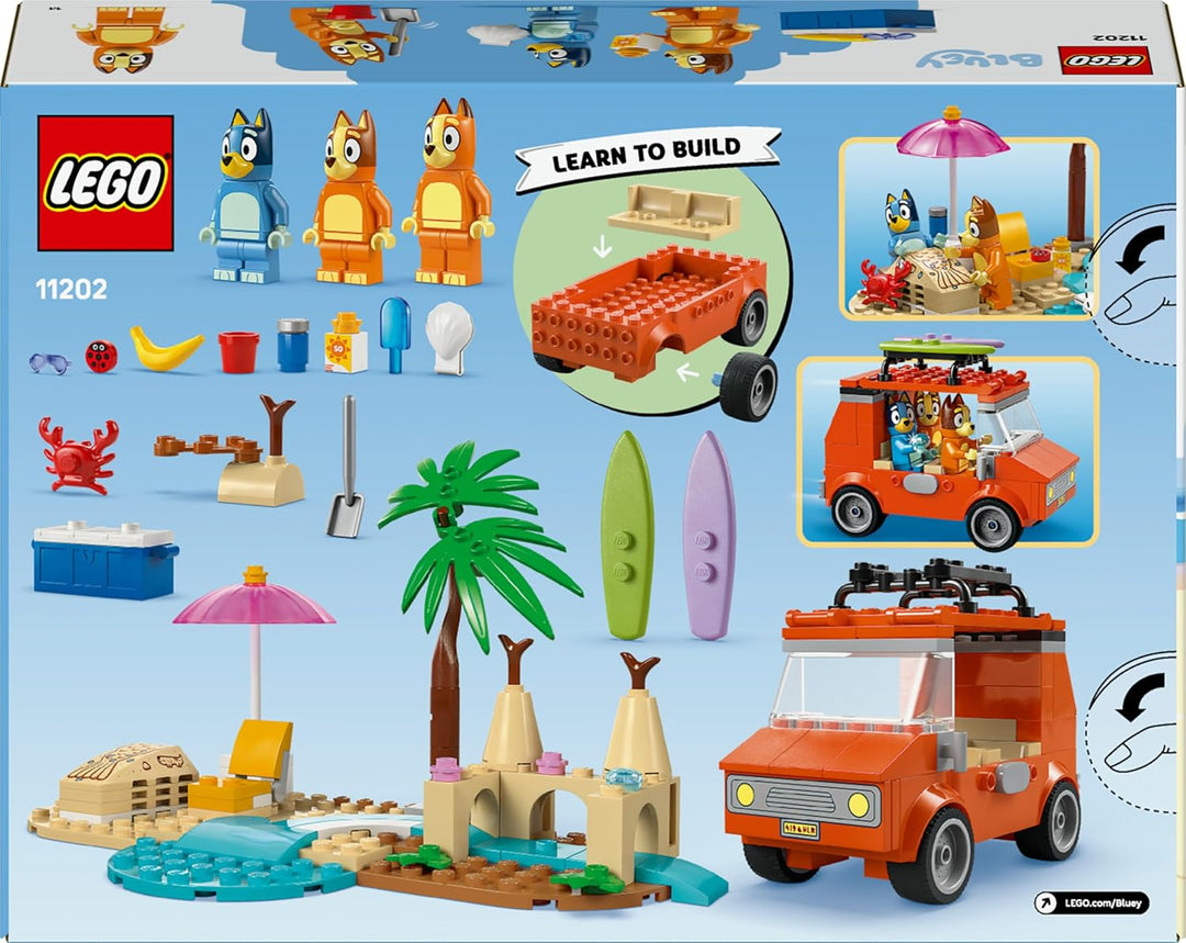 LEGO Bluey: Bluey's Beach & Family Car Trip Toy with 3 Minifigures incl. Bingo & Chilli, Plus 2 Surf