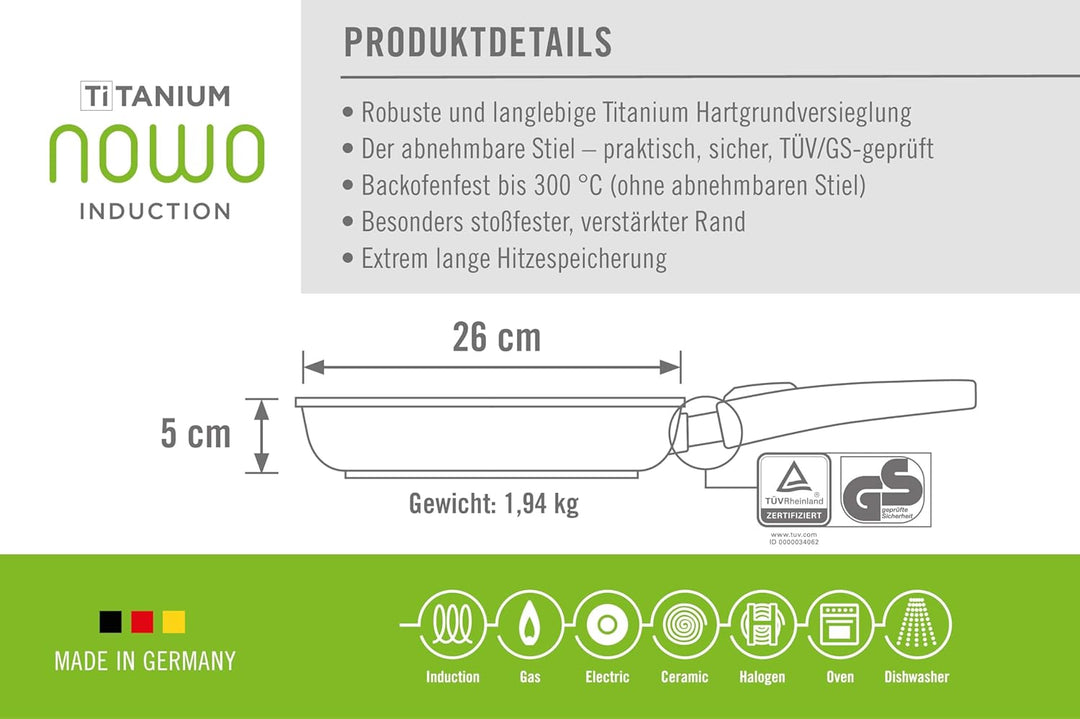 Woll – Nowo Titanium Flachpfanne Induktion Ø 26 cm, 5 cm hoch, mit abnehmbarem Stiel – Antihaftpfann