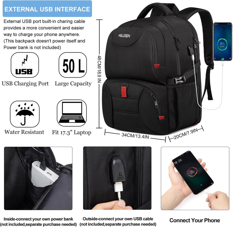 Gross Rucksack Herren 50L,Arbeit Rucksack Laptop Rucksack Herren 17.3 Zoll Schulrucksack mit USB Lad