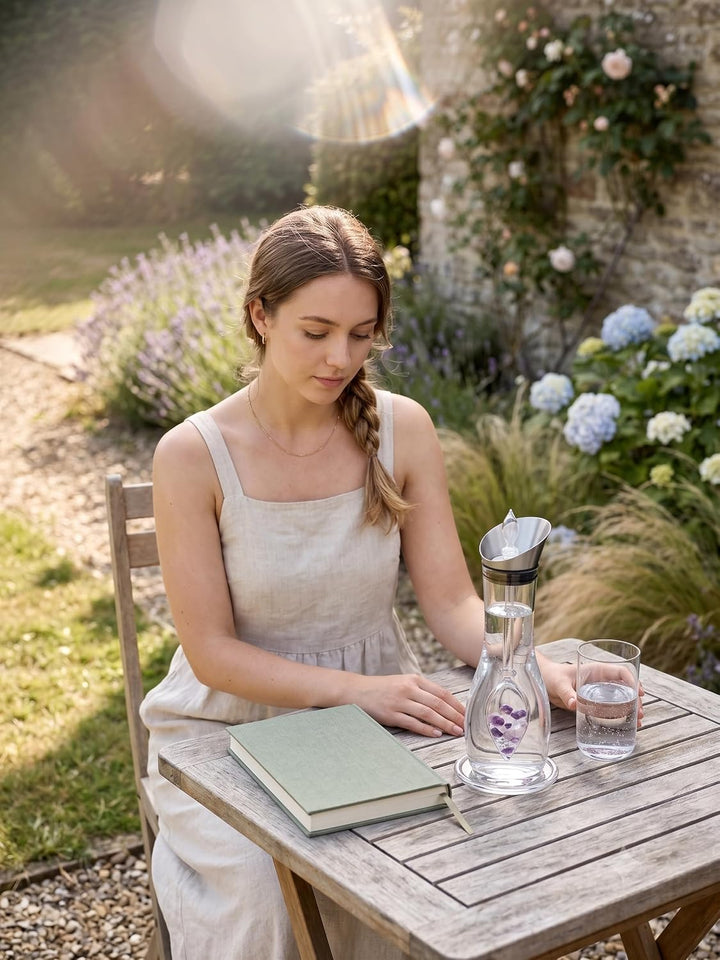 Vitajuwel Wellness Edelsteinwasserset für Zuhause (Karaffe Era & Phiole) mit Amethyst, Rosenquarz &