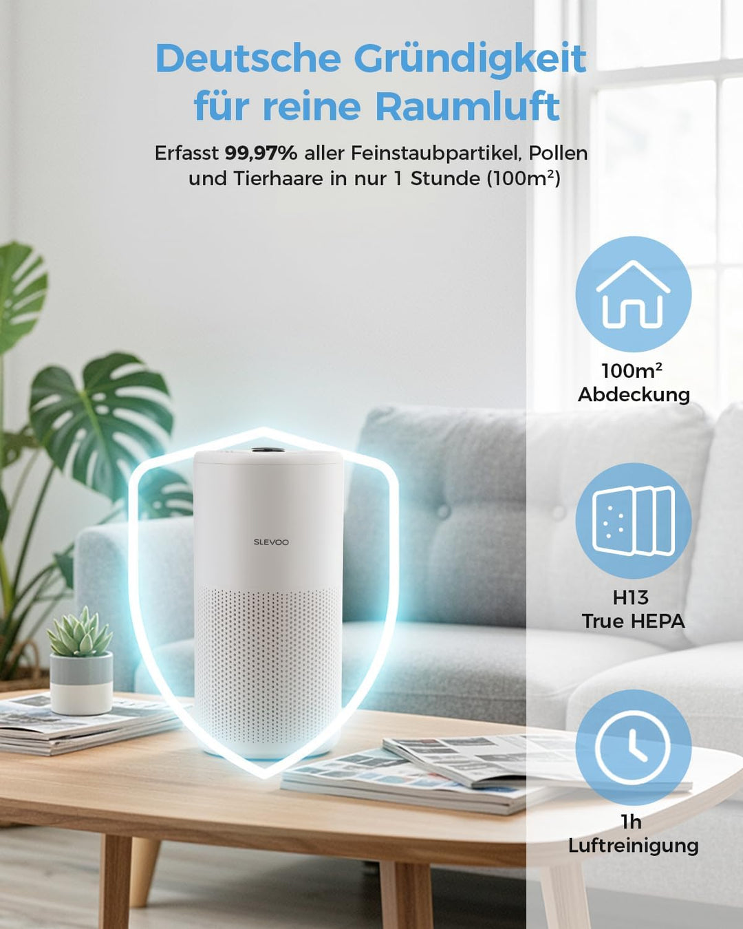 Luftreiniger für grosse Räume bis zu 102 m² ideal für Schlafzimmer in nur 1 Stunde, H13 True HEPA Lu