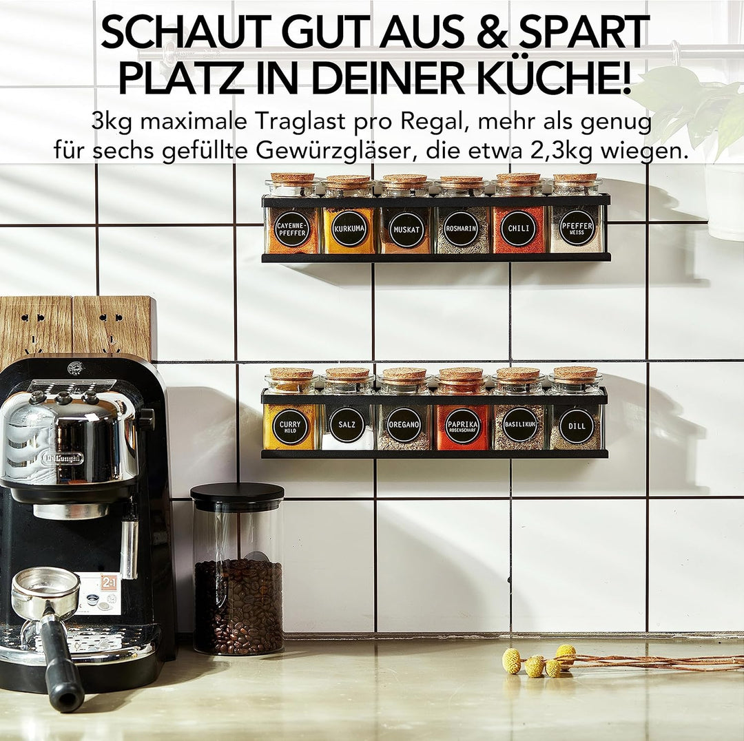 LIKAYA® Gewürzregal 2er Set aus schwarzem Metall mit 3M™ Klebepads für zB unsere Gewürzgläser (2x6 S