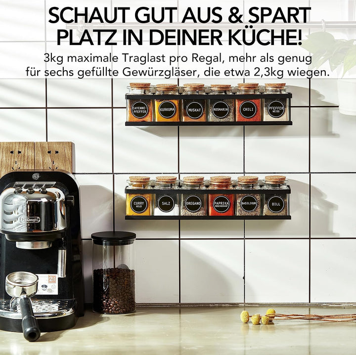 LIKAYA® Gewürzregal 2er Set aus schwarzem Metall mit 3M™ Klebepads für zB unsere Gewürzgläser (2x6 S