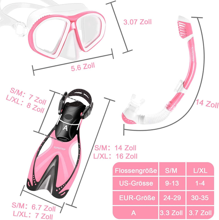 Supertrip Kinder Schnorchelset 3-teilig, Schnorcheln Set mit Flossen, Taucherbrille mit Tempered Gla