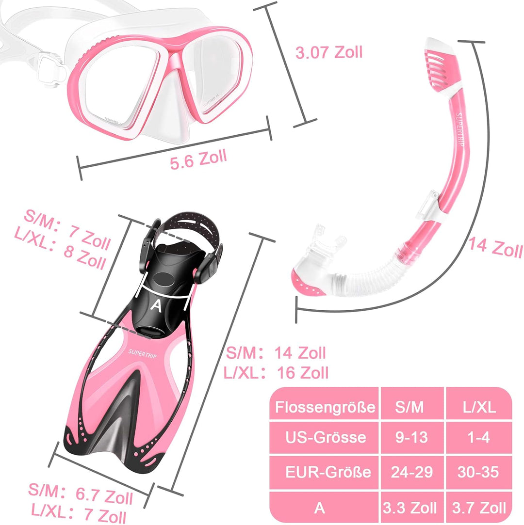 Supertrip Kinder Schnorchelset 3-teilig, Schnorcheln Set mit Flossen, Taucherbrille mit Tempered Gla