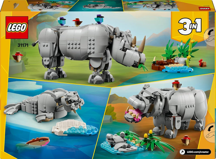 LEGO Creator 3in1 Wilde Tiere: Prächtiges Nashorn mit Vögeln - Kinder Spielzeug mit Tierfigur - Figu