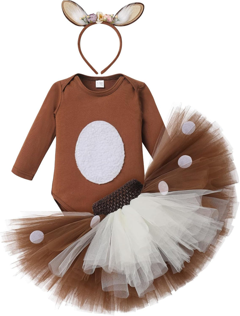 FYMNSI Baby Mädchen Weihnachtsoutfit Rentier Kostüm Baumwolle Body + Tütü Rock + Stirnband 3tlg Set