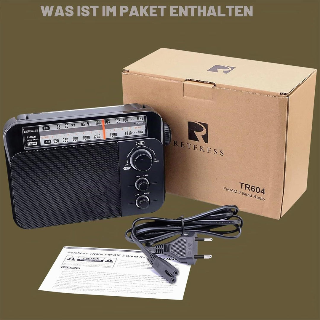 Retekess TR604 Kofferradio,Tragbares Radio,Einfaches Radio,Netzkabel oder Batteriebetrieb,Grosser Kn