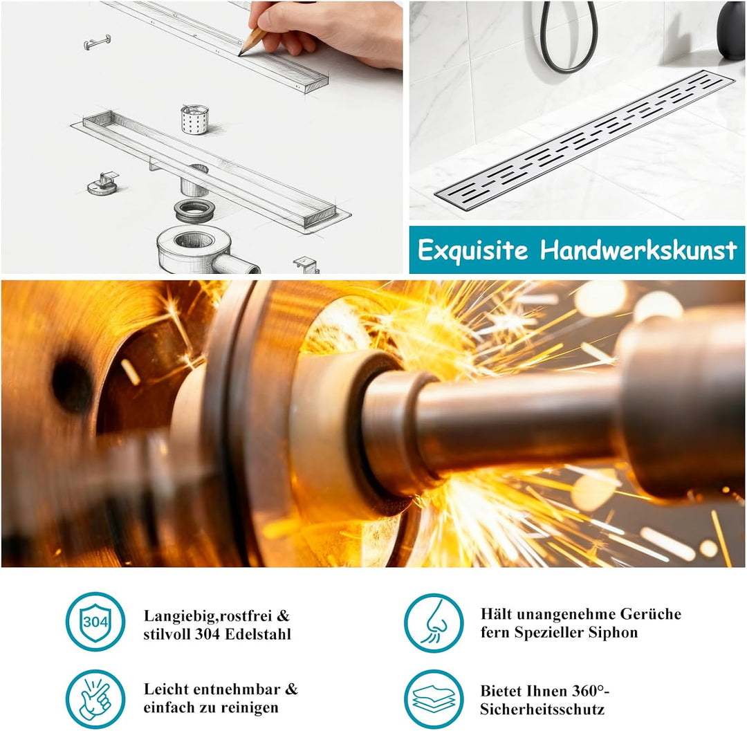 Duschrinne 600 x 70 mm Edelstahl 304, Siphon mit Geruchsstop und Haarsieb, 304 Edelstahl Ablaufrinne