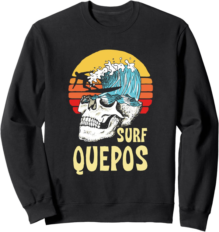 Surf Quepos Vintage Artistic Skull, Surfer & Wave Beach Sweatshirt