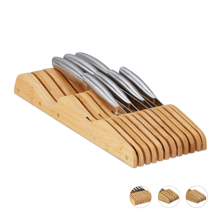 Relaxdays Messerblock Schublade, liegend, Bambus, für 11 Messer, HBT 5x14,5x40 cm, Schubladeneinsatz