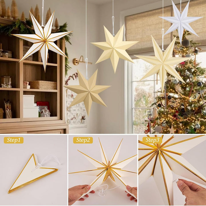 Gold-weisse 3D-Papierstern-Ornamente Set – 5 Stück Hängende Falt-Sterne, 9-Zacken Design, Skandinavi