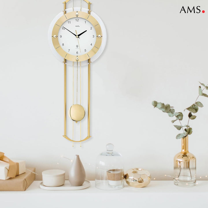 AMS Funkwanduhr 5257 mit glänzendem, messingfarbenem Pendel elegante Funk Pendeluhr Design Wanduhr