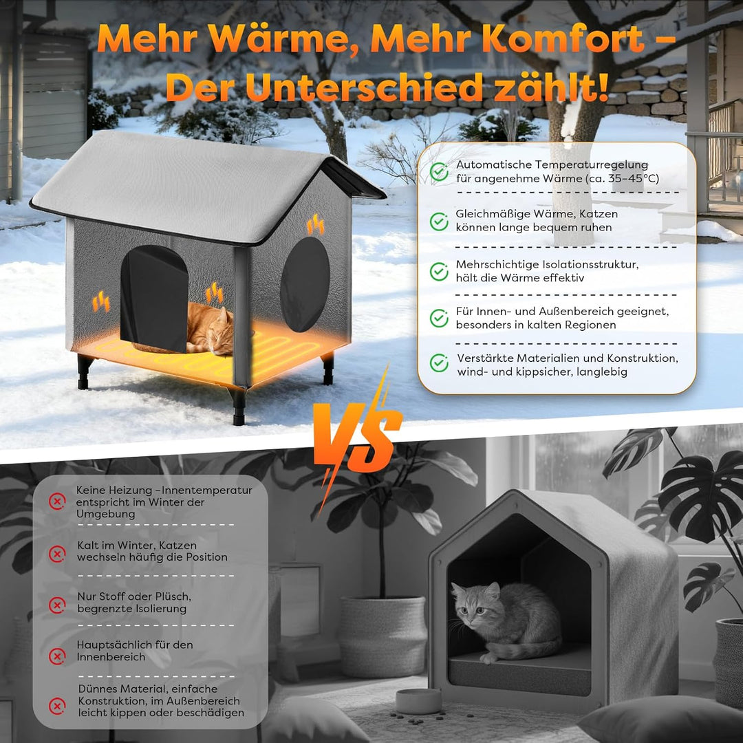 Beheiztes katzenhaus Outdoor Winterfest mit Fluchttür, wasserdicht & isoliert, erhöhtes Design, inkl