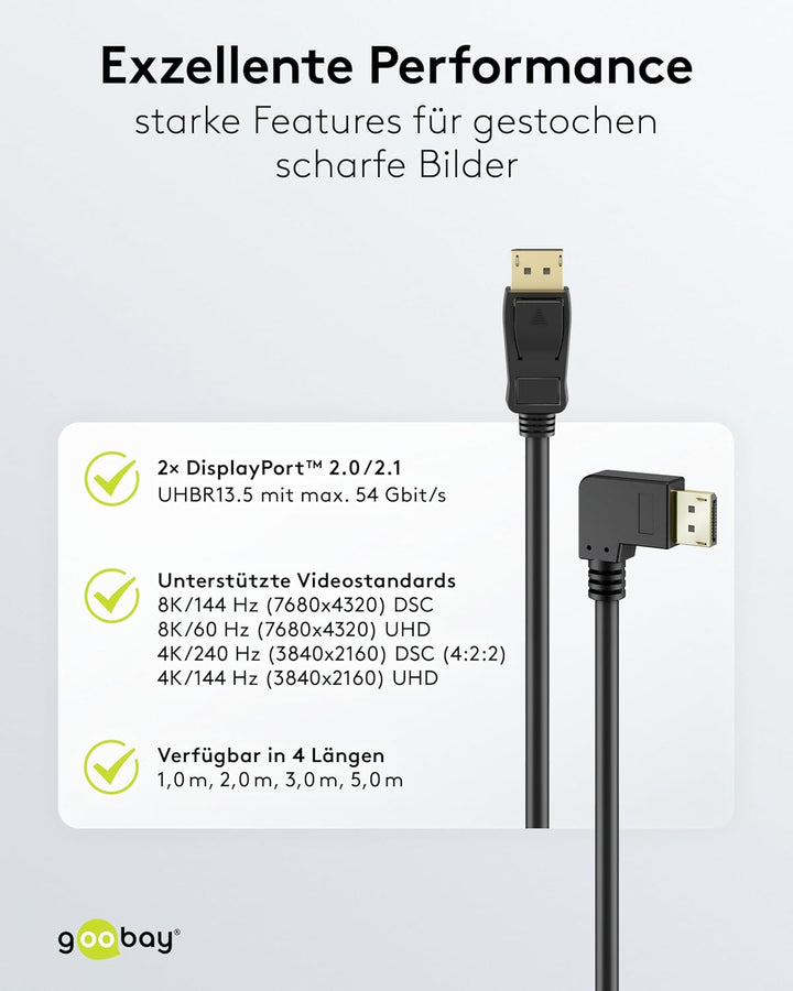 goobay DisplayPort Kabel 2.0/2.1, 5 Meter, 8K 144Hz, 54 Gbit/s, 90° Stecker, UHD, HDR, DSC, G-Sync,