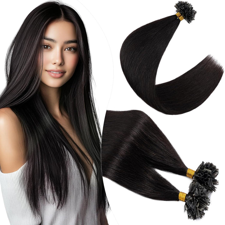 Elailite Extensions Echthaar Bonding 0.5g/s 55cm #1B Naturschwarz U Tip Hair Extensions Keratin 100