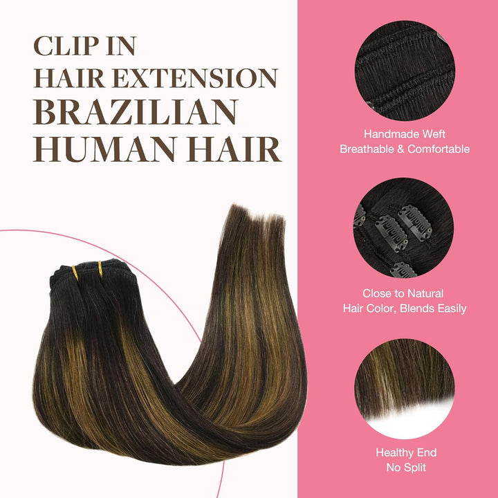 GOO GOO Clip in Extensions Echthaar, Echthaar Extensions Clip, 35cm 150g 9pcs, Extensions Echthaar,